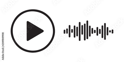 Circular play button icon paired with digital sound wave audio visualization waveform for web media apps.