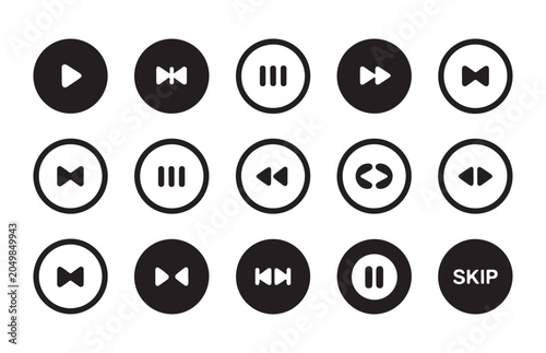 Photos Collection of circular media player buttons including play pause skip forward and backward in black vector