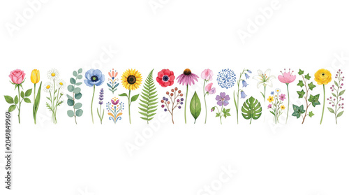 Watercolor floral border with spring wildflowers, botanical garden flower collection, colorful summer meadow blossoms and green leaves vector