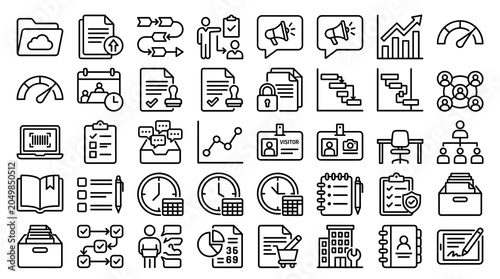 Business management line icons set, corporate workflow and project planning symbols, 40 professional office administration vector elements for web design