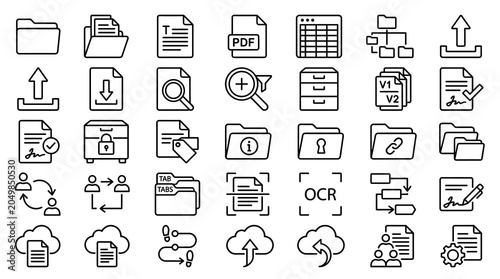 Document management system icons, 35 line vector elements for file organization, cloud storage and digital archive workflow symbols