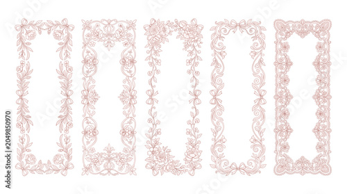 Vintage ornamental frames set, elegant pink floral borders, 5 decorative vertical vector frames for wedding invitations and luxury branding