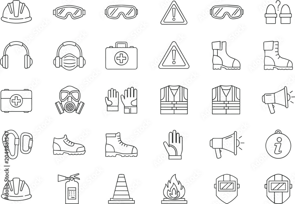 Fototapeta premium Construction Safety Icon Set with Helmets, Boots, Goggles, First Aid Kit, Warning Signs, and Protective Gear for Workplace and Hazard Prevention