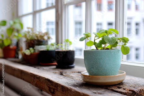 Several potted plants sit on a rustic wooden windowsill in natural light