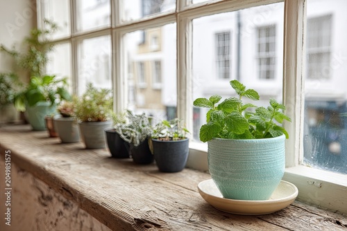 A row of potted plants on a rustic wooden windowsill with a blurred urban background