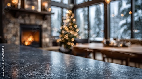 Cozy winter lodge interior with fireplace, decorated tree, and snowy forest view