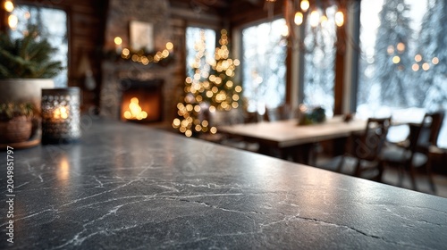 Cozy Christmas interior with fireplace, tree, and snowy window view