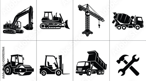 Photography Construction vehicles and machinery icons set featuring excavator bulldozer towe