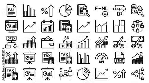 Financial analysis line icons set, 40 business accounting and data analytics vector symbols, corporate profit and loss report graphics