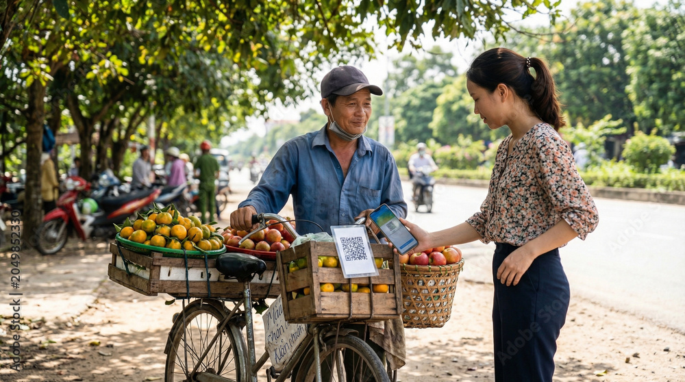 Obraz premium Vietnamese fruit vendor bicycle accepts mobile payment customer, healthy food roadside market