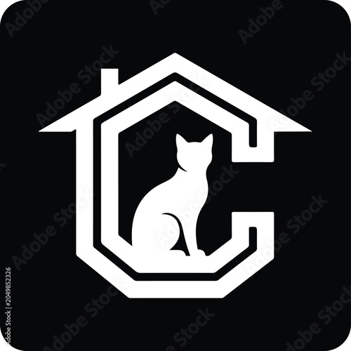 Minimalist logo design featuring a cat silhouette integrated into a house shape