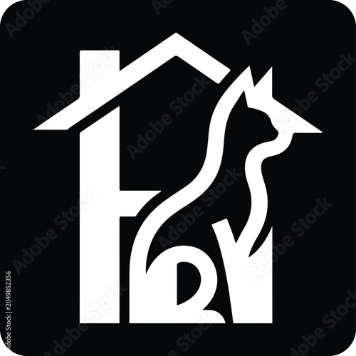 Minimalist logo design featuring a cat silhouette integrated with a house roof shape