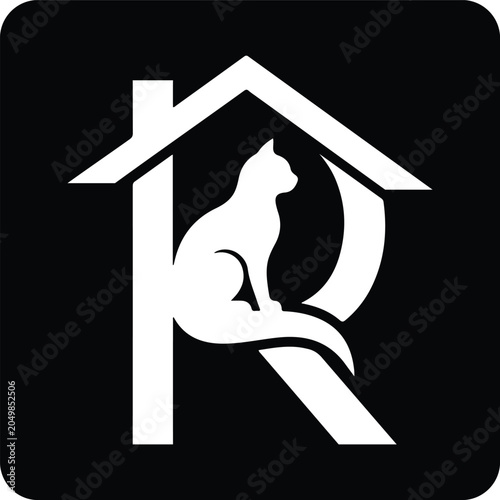 Minimalist logo design featuring a cat silhouette integrated into a house and letter r shape