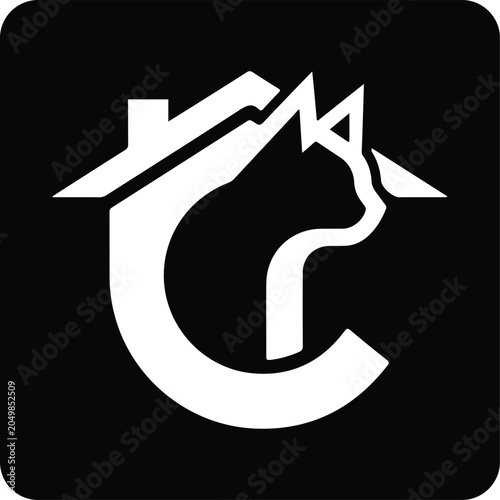 Minimalist logo design featuring a cat silhouette integrated with a house roof icon