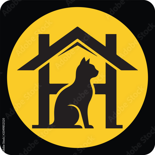 Minimalist logo design featuring a cat silhouette inside a house shape icon