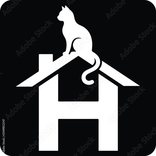 Minimalist logo design featuring a cat sitting on top of a house roof shaped like letter h