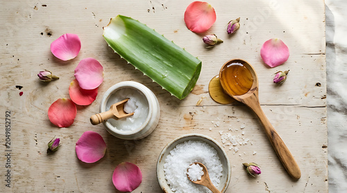 Aloe vera leaf and natural skincare ingredients are arranged on a rustic surface for a spa treatment mockup.