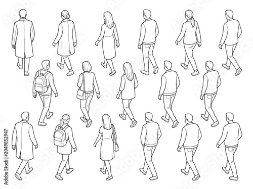 Canvastavla CAD drawing illustration of diverse people walking from behind, isometric perspe