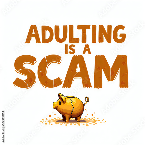 A humorous illustration of a broken piggy bank with the phrase 'Adulting is a scam' in bold letters