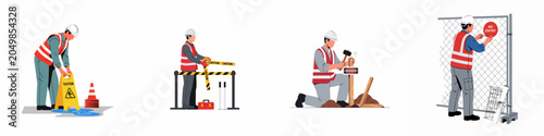 Foto Construction workers installing safety signs, caution tape, and barriers to ensure workplace safety and hazard prevention in a series of flat illustrations