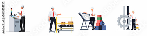 Bild auf Leinwand Set of industrial engineer character illustrations showing factory workers operating machinery, managing logistics, designing blueprints, and supervising production processes