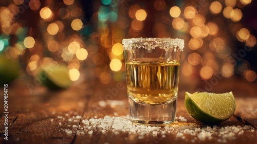 A shot glass with salt rim and lime, with festive bokeh lights