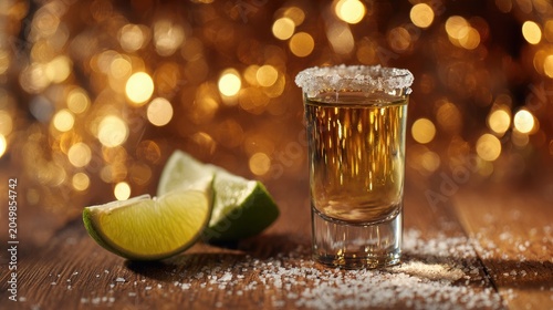 Golden liquor in shot glass with lime wedges and salt on wooden table