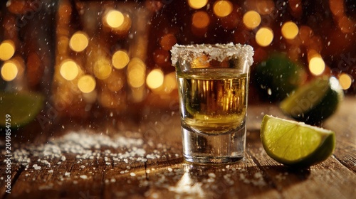 Shot glass with salted rim and lime wedges on rustic wood, bokeh lights