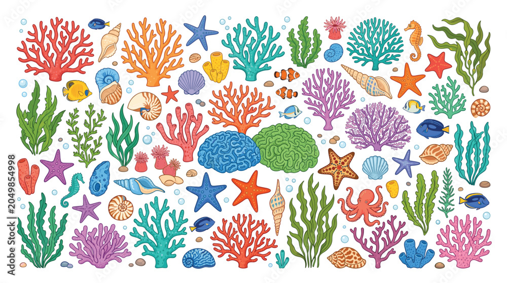 Αυτοκόλλητο Colorful coral reef collection, underwater sea life vector set with tropical fis