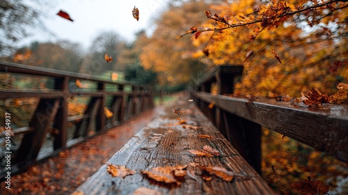 Autumn bridge with falling leaves, wet wooden railing, autumn foliage
