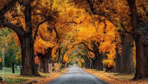 Autumn tree-lined road, vibrant orange leaves create a breathtaking natural tunnel