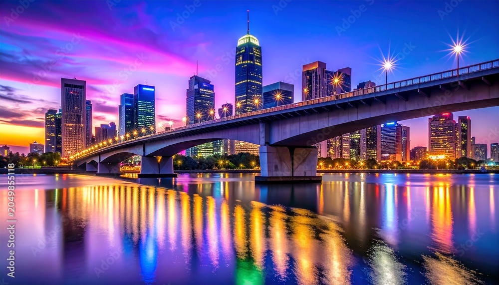 Fototapeta premium Futuristic City Skyline at Sunset with Illuminated Bridge Reflection