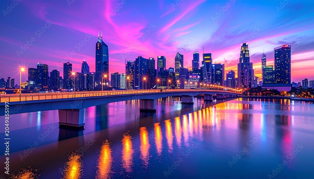 Fototapeta premium Futuristic City Skyline at Sunset with Illuminated Bridge Reflection