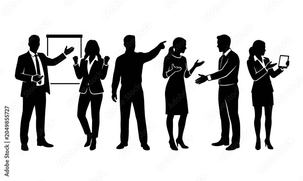 Obraz premium Black solid high energy sales agent silhouettes vector set isolated on white
