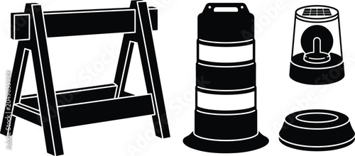 Bild auf Leinwand Road Construction and Traffic Safety Barrier Vector Silhouette Set with Wooden B