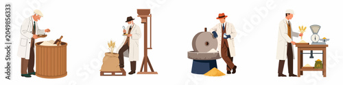 Schilderij op canvas Vintage style illustrations showing scientists and millers performing grain inspection, milling, and quality control tasks in a laboratory setting