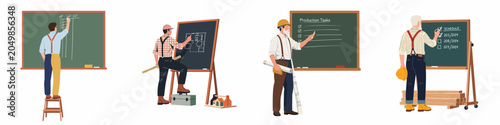 Set of construction workers and engineers planning projects, drawing blueprints, and managing schedules on chalkboards for production and industrial tasks.