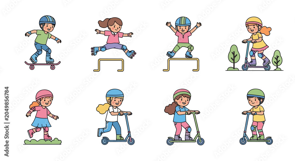 Fototapeta premium Kids Riding Scooter and Outdoor Activity Cartoon Character Set with Children Playing and Healthy Lifestyle Illustration