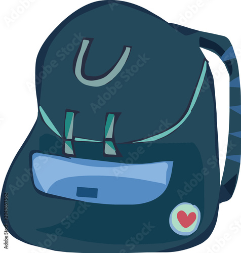 Cute dark blue school backpack with pockets and heart patch illustration representing childhood learning and student education journey.