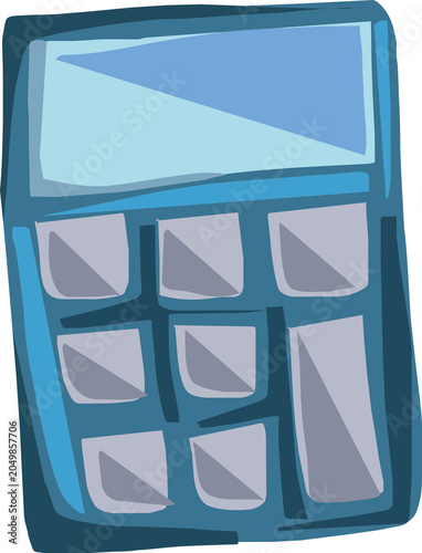 Simple blue electronic calculator icon with display screen and grey buttons for business accounting finance and office budget management.