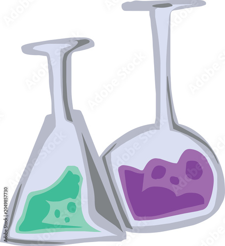 Laboratory glass flasks with purple chemical liquid inside representing advanced scientific research experiment and creative discovery.