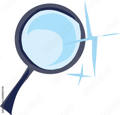 Sleek blue magnifying glass tool with bright shining sparkles illustrating close investigation detail search and smart discovery concept.
