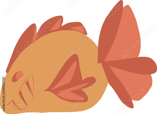 Cute cartoon style orange fish character with large fins and friendly expression swimming in an aquatic under the sea adventure.