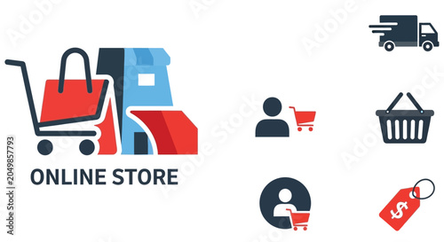 Shopping Cart Credit Card And Delivery Truck Flat Icons With Online Store Text