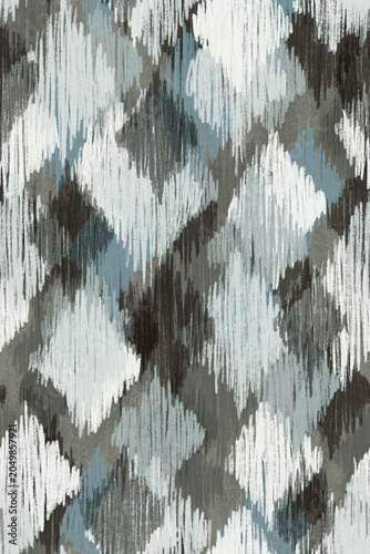 Abstract Seamless Ikat Pattern with Painterly Brushstroke Texture in Blue Gray and Black Tones