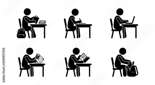 Fotografija Stick Figure Student Set: Reading, Writing, Laptop, Calculator, Tablet, Packing Backpacks