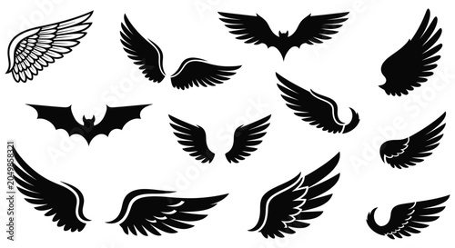 Fotografija Black Wing Silhouettes Collection Vector Illustration On White Background wings