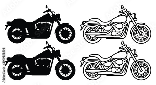 Motorcycle Silhouette And Line Art On White Background