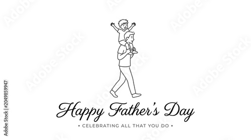 Happy Father's Day card with line art illustration of father carrying son on shoulders