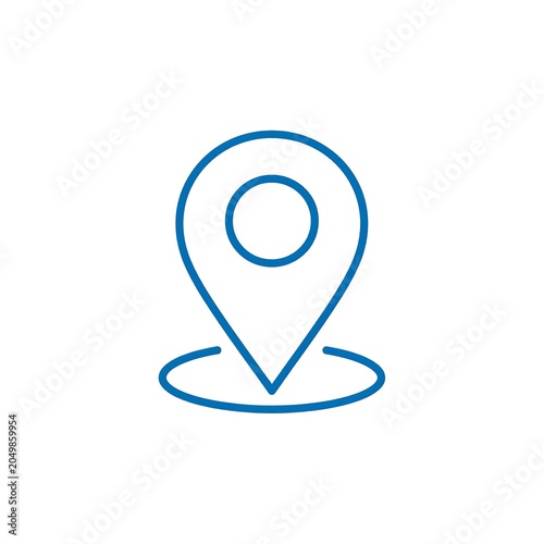 A blue map pin icon on a white background with a circular base